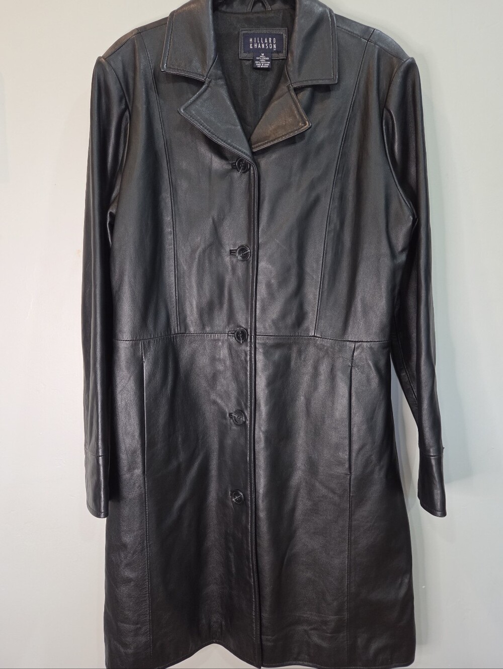 Vintage Hillard & Hanson Black Leather Trench Coat Size Medium Classic Chic